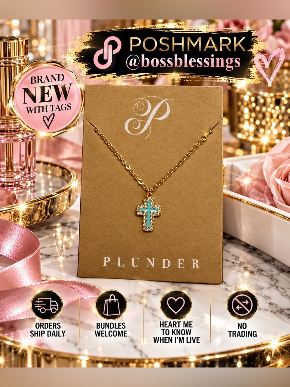 Plunder Gold Necklace with Tiffany Blue Cross Pendant-NWT